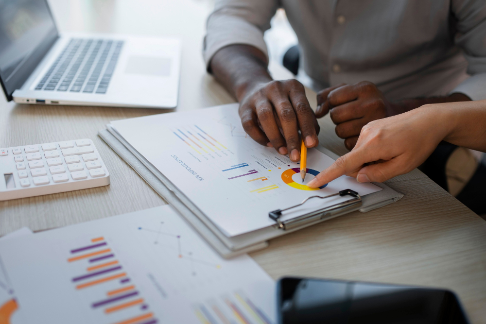 Top view of Rimo Research Co. employees working together in an office